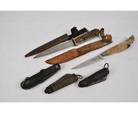 Two British Jack Knives, one dated 1944 with broad arrow, together with a larger example by H Rowbotham, marked U.K.A.E.A, pl