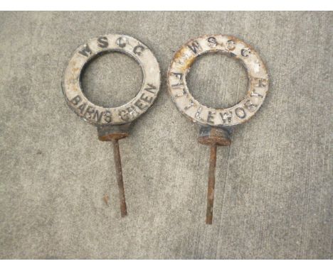 Original Finger Post Circular Village Name Signs, two cast iron WSCC pierced circular signs Barns Green and Fittleworth, 59cm