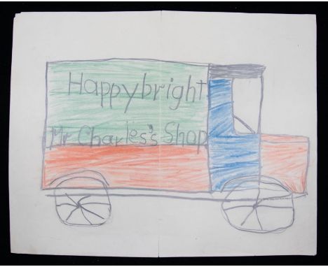 HM King Charles III. An original illustration of a delivery van in a Harrod's-style livery, 'Happybright, Mr Charles's Shop',