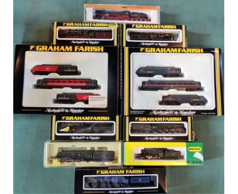 Seven boxed Graham Farish miniature railway models, to include an HST 125 Virgin railway set, no. 1513 Pacific Class Clanline