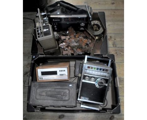 A late 20th century metal ammunition box, together with a Juliette seven band radio receiver, a Thorpe Grenville TD145 8 trac