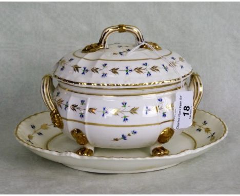 A late 18th century/early 19th century Derby porcelain sauce tureen, stand and cover, having hand painted floral decoration o