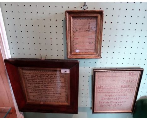 Three 19th century tapestry samplers, various sizes, each framed and glazed.   Condition Report:  Generally good - the smalle