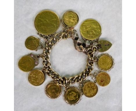 A 9ct gold heavy curb link bracelet with padlock attached fastening, together with a large quantity of coins, comprising: a Q