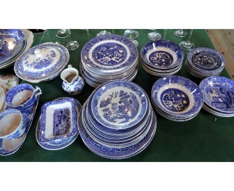 A collection of blue and white potter, to include examples by Woods, Copeland Spode, George Jones and others.