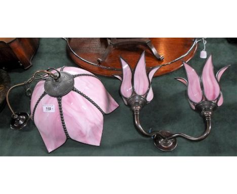 Two Christopher Wray lamp fittings, to include a ceiling pendant and twin sconced wall light, each having mottled pink opalin
