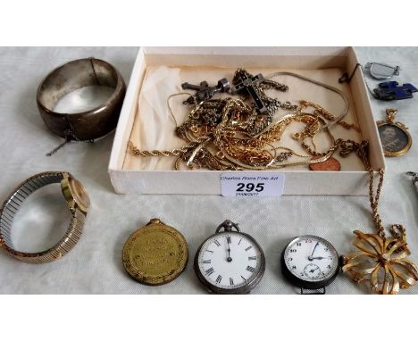 A mixed lot to include: a silver bangle, together with two pocket watches, a quantity of yellow metal and white metal chains 