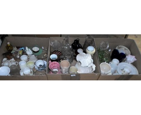 A large quantity of decorative ceramics and glass in three boxes, to include: 19th century part-tea service, a Sunderland lus