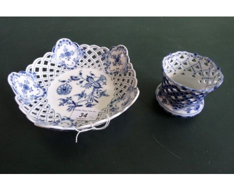 A Meissen blue and white bowl of pierced border form, 19cm diameter, together with a Royal Copenhagen blue and white spill va