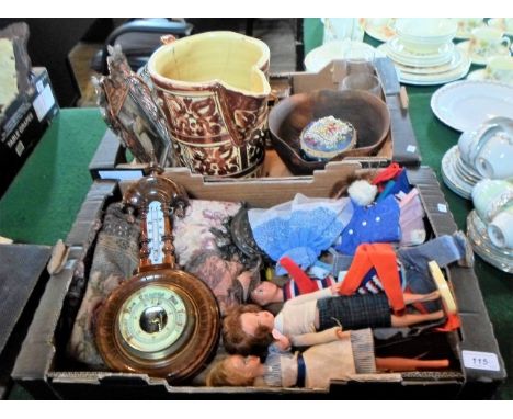 Two boxes containing assorted items, to include: 1960's dolls, an Art Nouveau-style photo frame, a large copper lustre jug (A