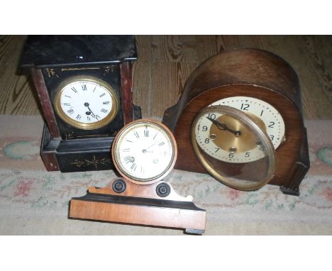 A Victorian slate and marble mantel clock, together with a further mantel clock signed J W Benson, Ludgate Hill and a Smith's
