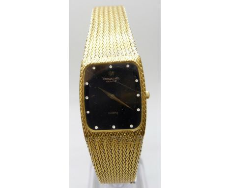 A gold plated Raymond Weil bracelet watch, with pouch
