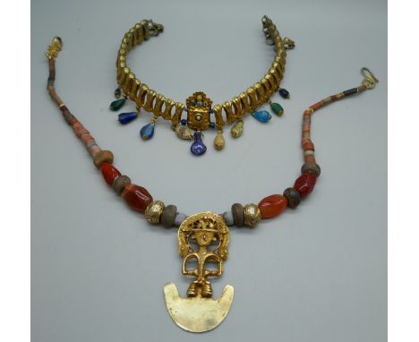 Two Aztec style costume necklaces 