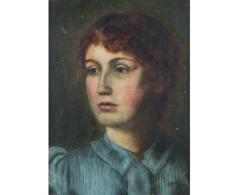 M. BAKER (early 20th century).  A head-&amp;-shoulders portrait of a lady wearing turquoise blouse. Signed &amp; dated 1900 l