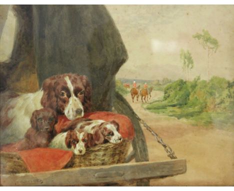 ALFRED CHARLES JEROME COLLINS (1851-1921). A watercolour sketch of a springer spaniel &amp; three pups in a basket on the bac