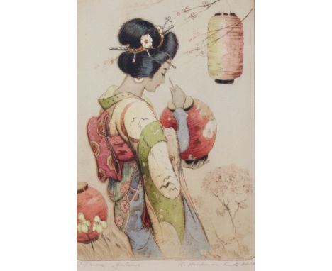 ROBERT HERDMAN SMITH (1879-1945) A group of three coloured etchings: “Japanese Lanterns”, “The Blue Parakeet”, &amp; “The Pup
