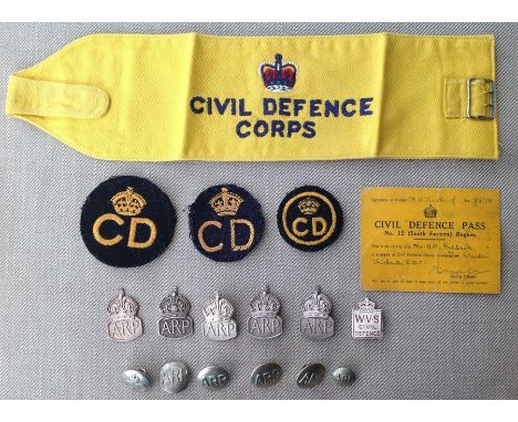WW2 British ARP/Civil Defence Battle of Britain era insignia group comprising of Identity Pass dated May 1940, 5 hallmarked s