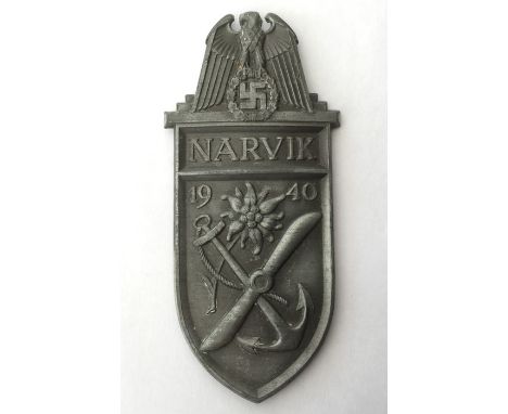 WW2 Third Reich&nbsp;Narvikschild - Narvik Shield. Army issue with silver finish. Zink. All four prongs intact. No backing pl