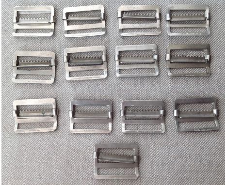 WW2 British Battledress Blouse metal waistbelt buckles, 13 in total. Un-issued condition. Suitable for the 1937/1940 pattern 