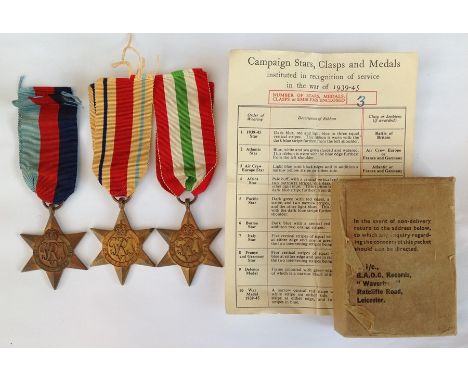 WW2 British Army RAOC Medal group comprising of 1939-45 Star, Africa Star and Italy Star. Complete with ribbons and slip. No 