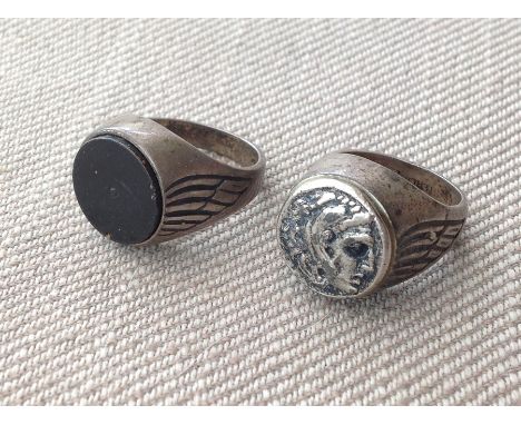 WW2 British RAF / USAAF Rings in Sterling Silver with hidden escape compass. One maker marked "Norco". Both marked Sterling. 