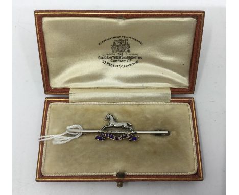 WW2 British West Yorkshire Regiment sweetheart tie pin/ bar brooch in blue enamel, platinum and gold. 50mm in width. Complete