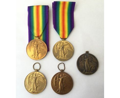 WW1 British Victory Medal collection. Five in total. Awarded to 12781 Pte C Brighton, Lincolnshire Regt: 29927 Pte FG Parrett