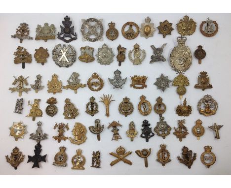 A collection of restrike WW1/WW2 British Army cap badges. Approx 60 in total to include Borders, RAC, RAMC, Welsh Guards, ACC