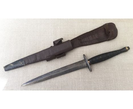 WW2 British Fairbairn - Sykes Fighting Knife, ring and bead variant grip. Double edged 174mm long blade. Broad Arrow 9 markin