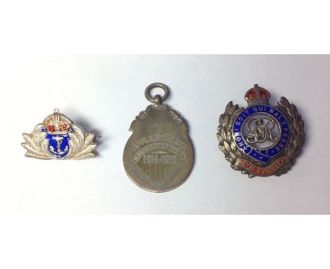 WW2 British silver and enamel sweetheart badges for the Royal Navy and the Royal Engineers and a silver medallion fob inscrib