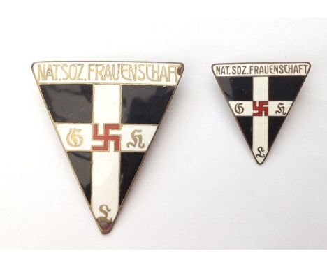 WW2 Third Reich National Socialist Frauenschaft membership badges, large version marked "Ges. Gesch" and smaller version make