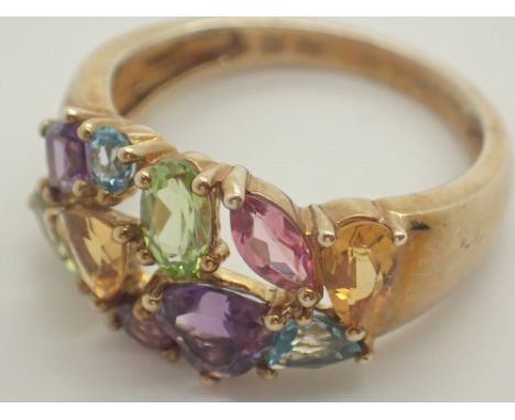 9ct yellow gold multi colour stone set ring size K 2.8g