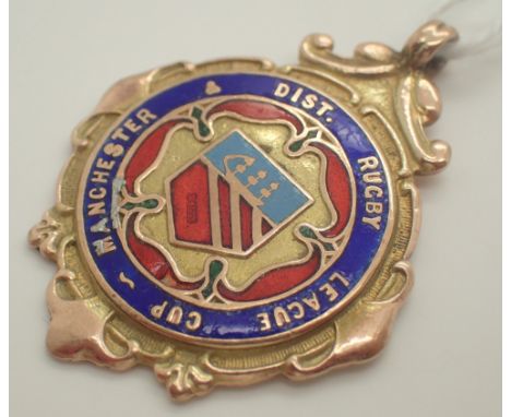 9ct yellow gold and enamel Manchester and dist Rugby League Cup watch fob inscription to Seedley Rangers winners 1927 - 1928 