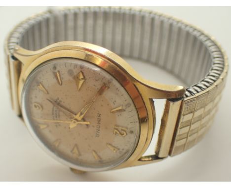 Vintage mid size gents Simona yellow metal wristwatch on expanding strap 