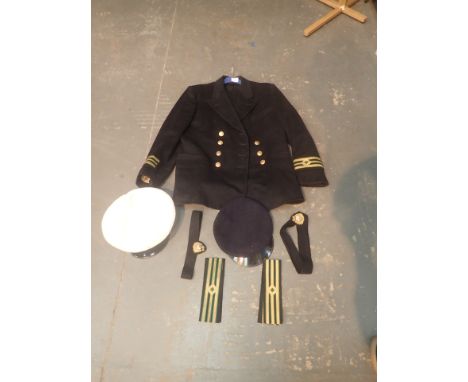 Vintage Royal Navy uniform by Lewis's with caps badges etc 