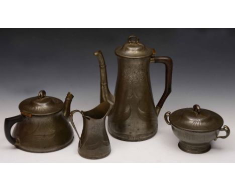 A. J. Orivit of Cologne Secessionist pewter tea service, circa 1905, comprising hot water jug, teapot, sugar bowl and cover, 