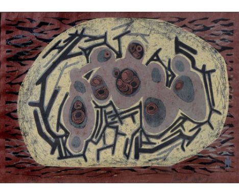 Alison Taylor (British, 1928-2015) Pebble No 1, signed and dated 1967, titled, numbered 1/25, linocut, 25cm x 38cm and an etc