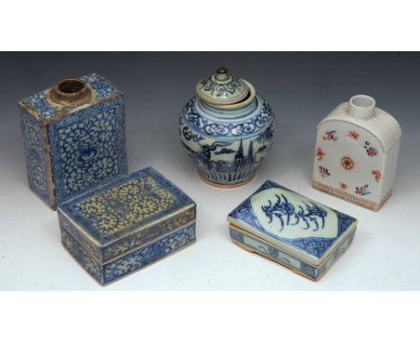 A Chinese blue and white porcelain ovoid small vase and cover a famille rose tea caddy and three other Chinese pieces