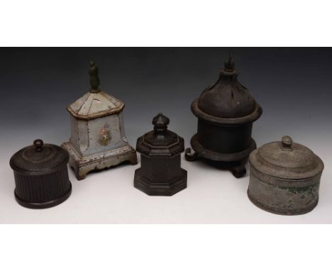 A tobacco jar  with Napoleon finial and four other various tobacco jars, 19th Century