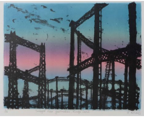 J Ronay (British) Twilight over gasometers, Kings Cross, signed in pencil, lithograph, 52cm x 41cm