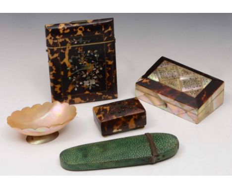 A Georgian tortoiseshell card case with inlaid mother of pearl decoration, a small tortoiseshell box, a shagreen spectacles c