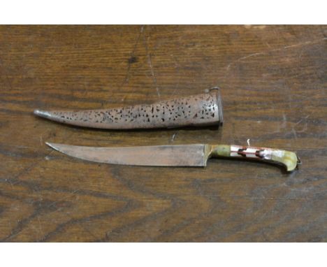 An Indo-Persian dagger 18th/19th Century, possibly Gujarat, with horn and mother of pearl handle and with pierced scabbard, 2