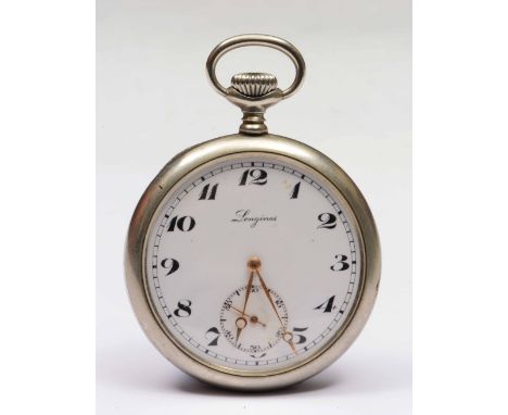 A Longines silver plated pocket watch with enamel dial with supplementary second hand, with top wind mechanism, the movement 