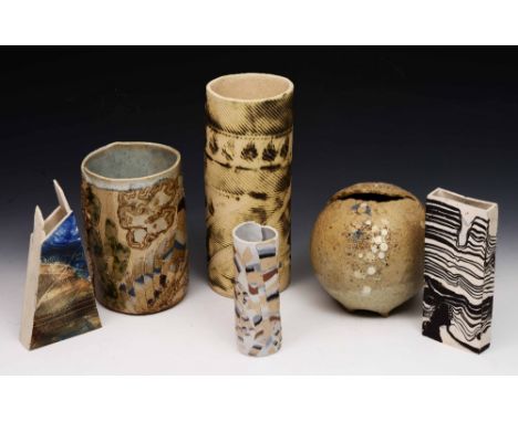 Alison Taylor (British, 1928-2015) Three vases, hand built, layered and textured design, together with, three other vessels, 