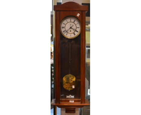 A mahogany cased regulator wall clock with white enamel dial, 97cm