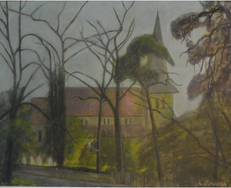 A collection of pictures to include a large oil on canvas of a church by Jonleigh, a coloured etching of flowers by Valerie D