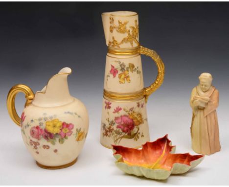 A Royal Worcester blush ivory jug 21cm, pattern 1047, a smaller Royal Worcester jug, 15cm, a Royal Worcester candle snuffer i