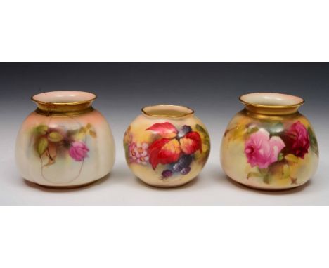 A Royal Worcester small ovoid vase painted with blackberries, signed Kitty Blake, 7.5cm high and a pair of Royal Worcester ov