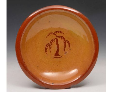 Leach Potters "Willow" pattern Dish, possibly attributable to Bernard Leach, impressed "St Ives" seal, 15.5cm diameter 