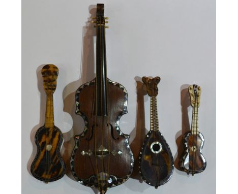 A miniature tortoiseshell and mother of pearl inlaid model of a mandolin 15cm overall and three further similar to include a 
